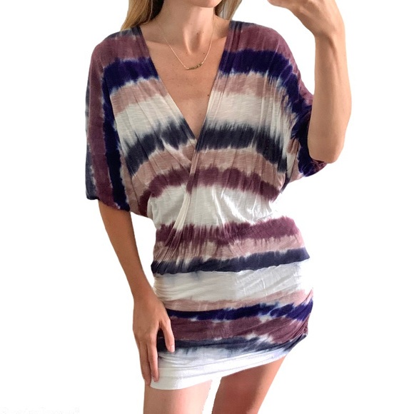 Young Fabulous & Broke Tie Dye Jersey Knit Surplice Wrap Ruched Mini Dress - M